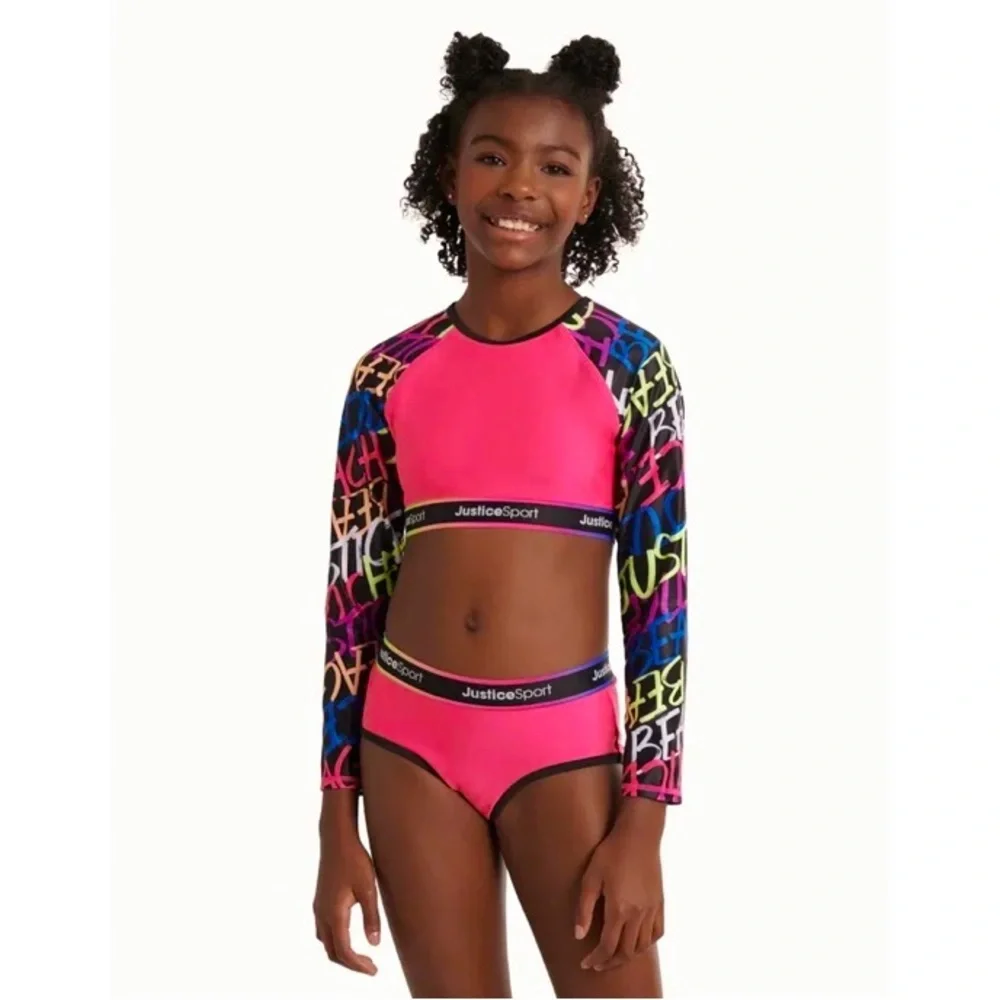 Justice Girls Sport Long Sleeve Rash-guard Swimsuit Set |Size XS